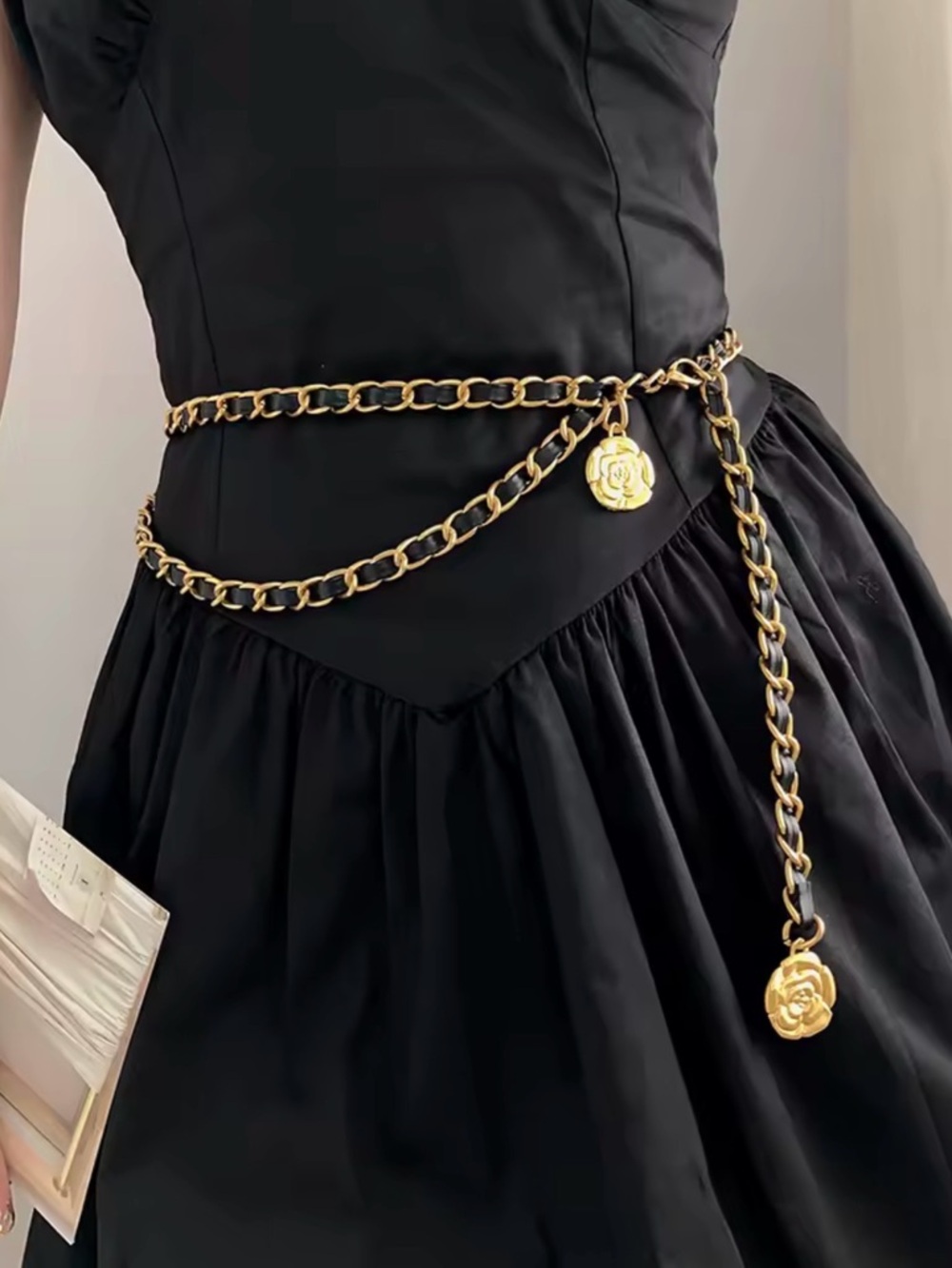 Gold Floral Chain Necklace with Black Leather Weave